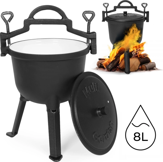 Geglazuurde gietijzeren ketel 8 l met standaard MULTIGARDEN voor vuur en grill