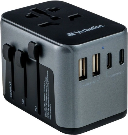 universele reisadapter Verbatim UTA-03 met PD 30 W en QC 3.0, 3× USB‑C en 2× USB‑A