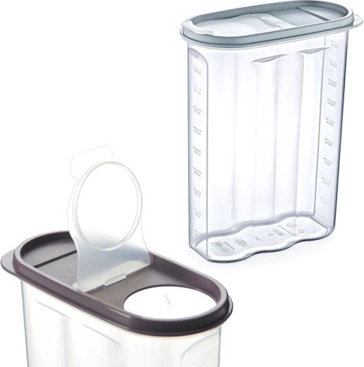 Kunststof voorraadbus voor droge voeding met doseeropening en maatverdeling 2,4 l