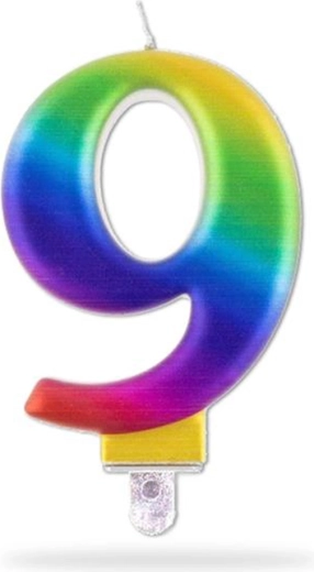 Verjaardagskaars cijfer 9 regenboog 7,5 cm op prikker