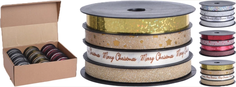 Glanzend bindlint 4 m × 1 cm, mix zilver/goud/rood (4 stuks)