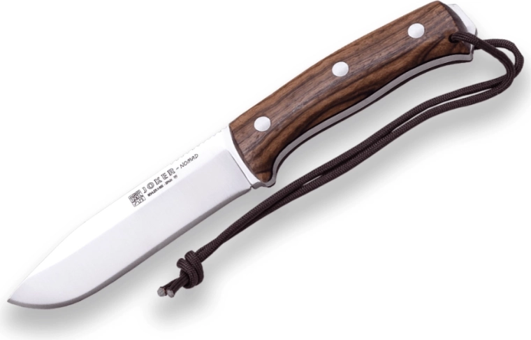 Joker Nomad bushcraftmes met vast lemmet 12,7 cm, walnotenhout, leren schede en vuurstaal