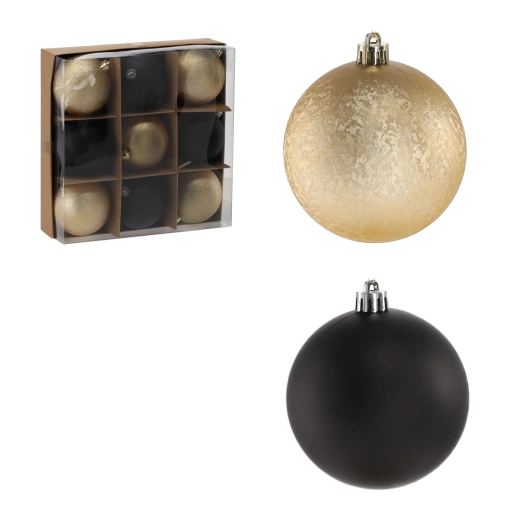 Set van kerstballen 8 cm zwart-goud glitter (9 stuks) GardenPlus
