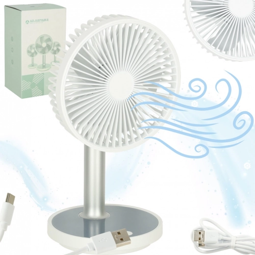 Draadloze USB-bureaubladventilator met batterij, 4 snelheden en LED, wit