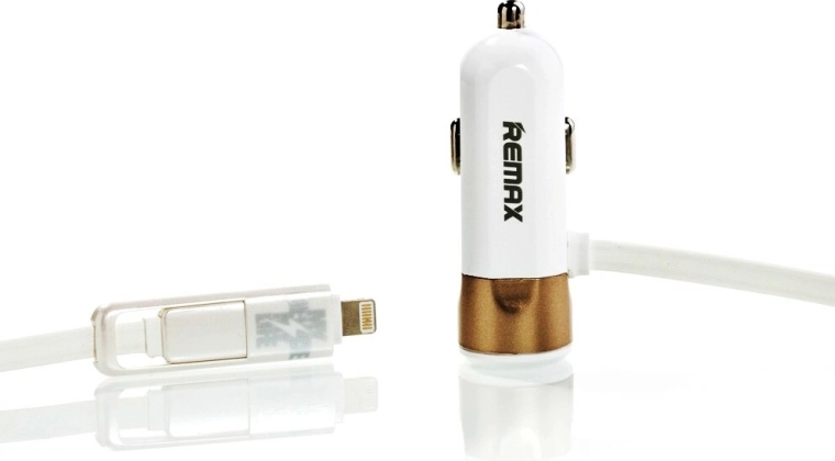 Remax autoadapter voor sigarettenaansteker 3,4 A met gouden Lightning- en micro‑USB‑kabel