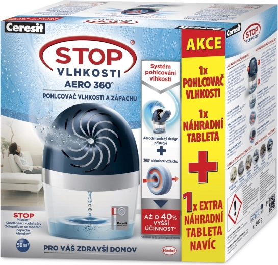Blauwe luchtontvochtiger Ceresit Stop Vocht Aero 360° + navultablet 2x450 g