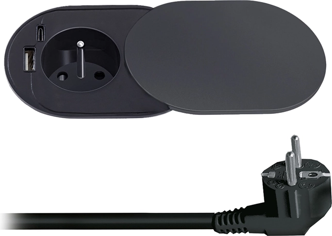 Solight inbouwstopcontact 230 V met USB-A en USB-C 20 W PD met schuifdeksel, 2 m, mat zwart