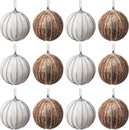 Onbreekbare kerstballen wit en champagne 8 cm, 12 stuks