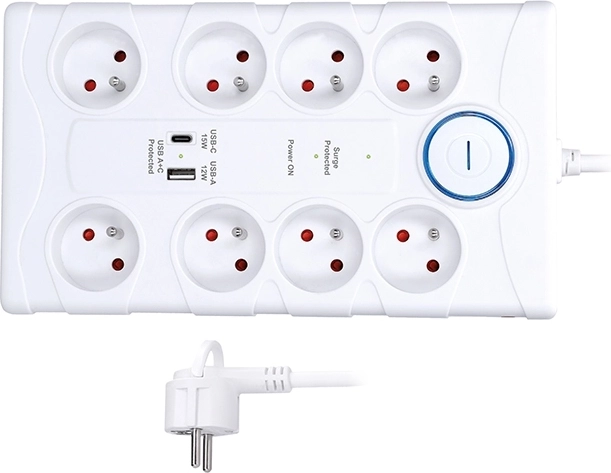 Solight overspanningsbeveiliging met 8 stopcontacten en USB-A/USB-C, 2 m, wit