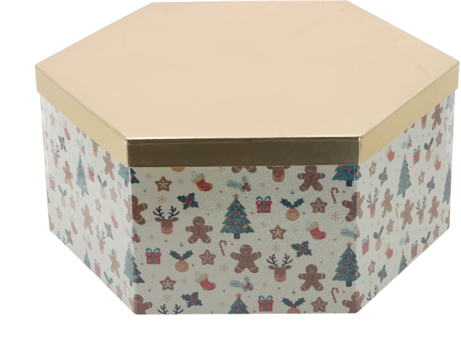 Kerstcadeaudoos in de vorm van een zeshoek met gouden deksel 33 × 28,5 × 12 cm