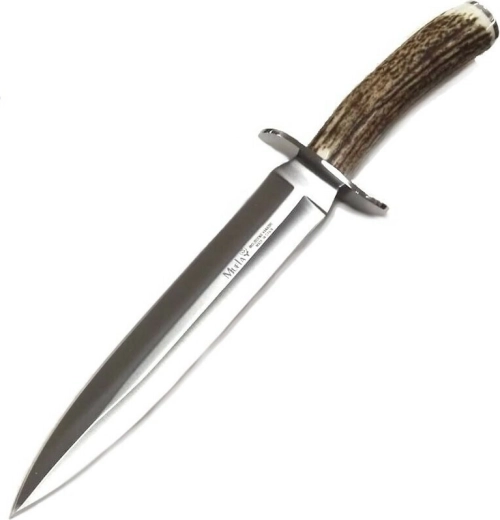 Muela Vikingo 23A jachtdolk met geweihandgreep en leren foedraal, lemmet 23 cm
