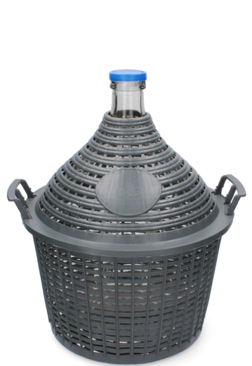 Glazen mandfles 15 l met smalle hals in kunststof mand