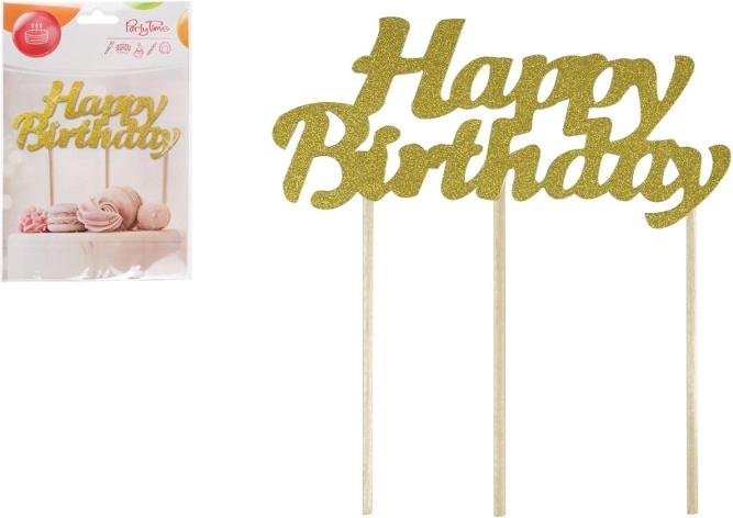 Gouden taarttopper Happy Birthday met glitter