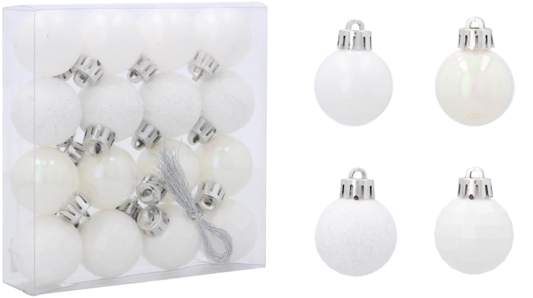 Set van witte kerstballen 3 cm – 16 stuks, mat, glanzend, glitter en discobal-effect