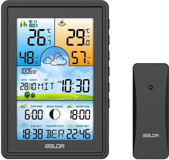 Draadloos weerstation met thermometer, hygrometer, wekker en maanfasen – zwart