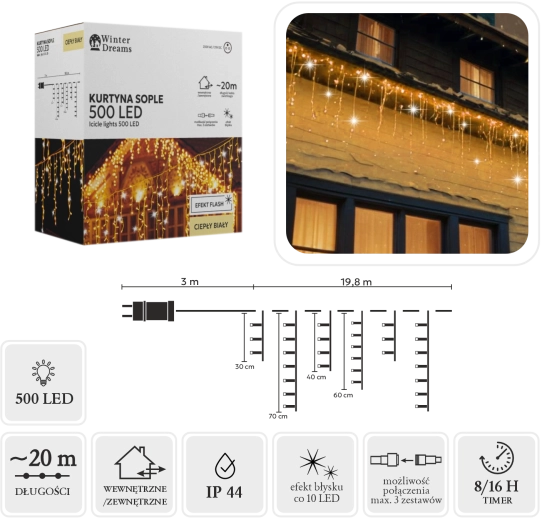 LED-lichtgordijn met ijspegels, 500 leds, warm wit met koudwitte flitseffect, 20 m