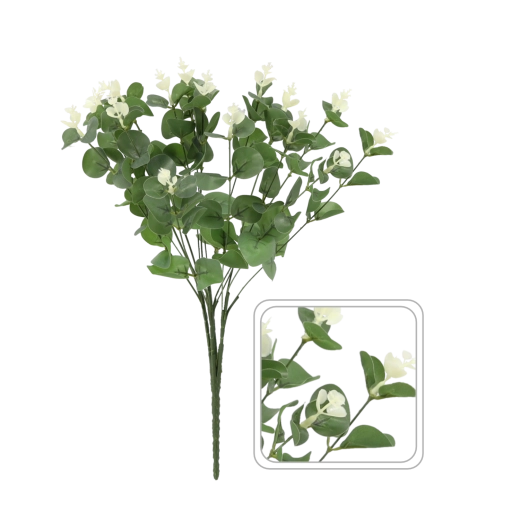 Kunsttakje eucalyptus met witte bloemen 46 cm