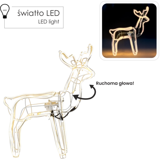 Kerst LED-rendier met beweegbare kop 64 × 22 × 70 cm, warm wit, voor binnen en buiten