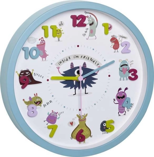 Kinderwandklok TFA Little Monsters, turkoois, 3D-cijfers