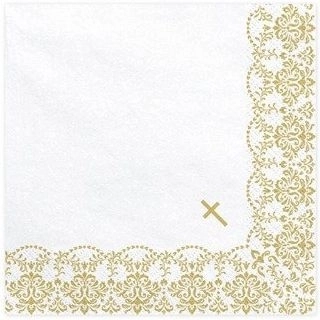Communie papieren servetten met wit-gouden ornament 33 × 33 cm 20 stuks