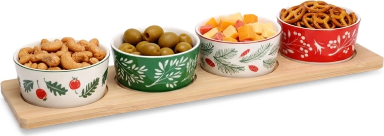 Porseleinen voorgerechtkommetjes op bamboe dienblad, set van 5 stuks