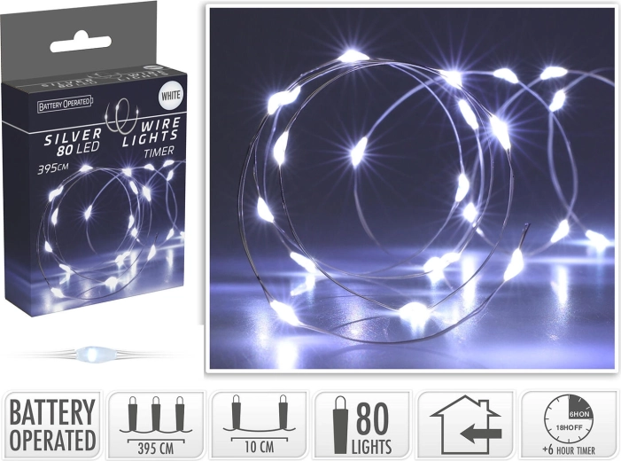 Kerst LED-lichtsnoer 3,95 m, 80 LED, koud wit, op batterijen met timer - 1 stuk