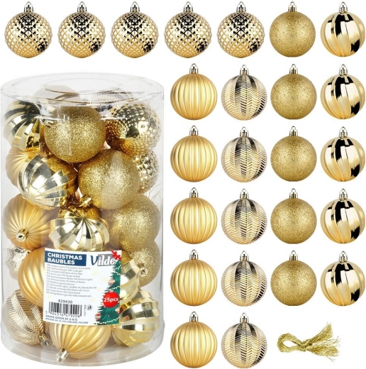 Set van onbreekbare gouden kerstballen 6 cm, 25 stuks