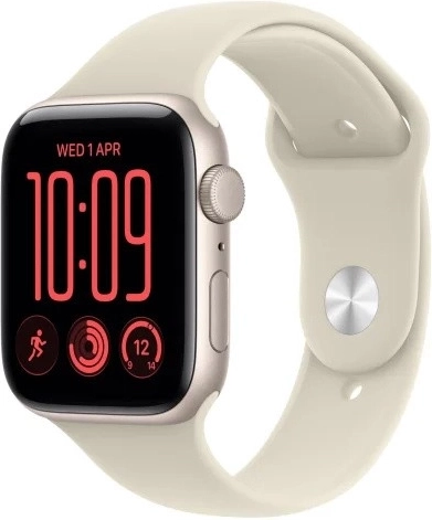 Apple Watch SE 3 GPS 40 mm met een aluminium kast in de kleur maanlicht en een sportbandje in zandkleur S/M