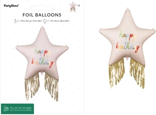 Folieballon in stervorm Happy Birthday met gouden kwastjes