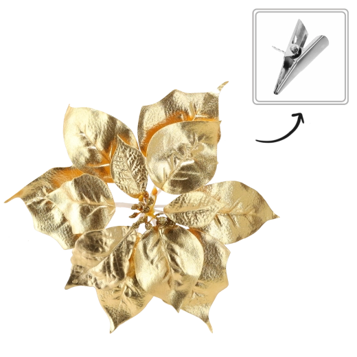 Kerstbloem poinsettia op clip 25 cm – goud