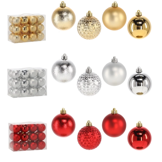 Set van 24 kerstballen 6 cm – rood, goud en zilver, onbreekbaar