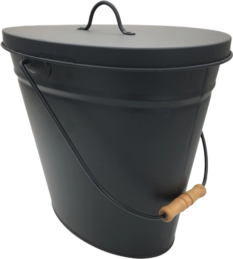 Ascontainer 20 l zwart met deksel en houten handvat