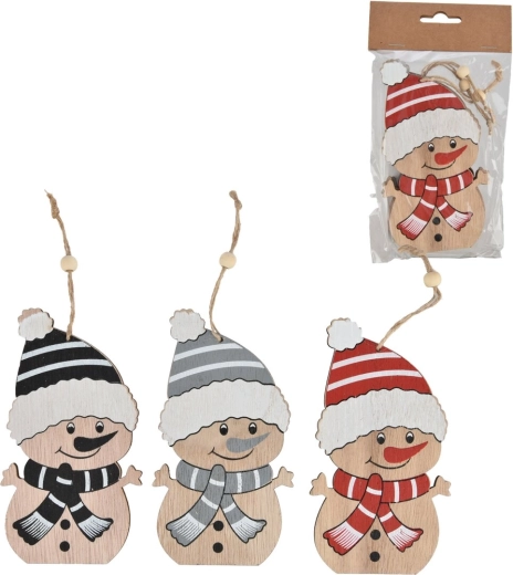 Hangende houten decoratie Sneeuwpop (3 stuks)