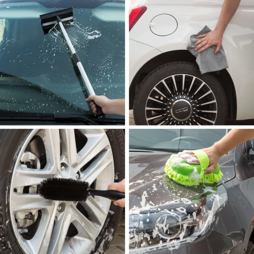 Set voor auto-onderhoud met doeken, washandschoen, velgenborstel en telescopische wisser
