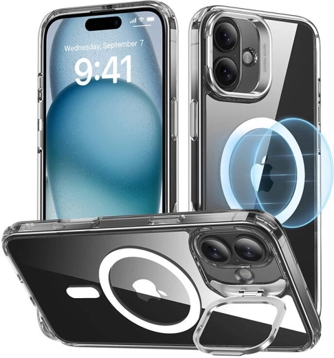 ESR Classic Hybrid HaloLock-hoesje met standaard voor iPhone 16 – transparant