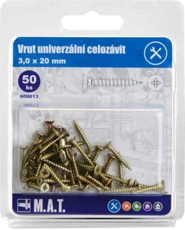 Universele volledig schroefdraadschroeven 3,0 × 20 mm, verzinkt, 50 stuks