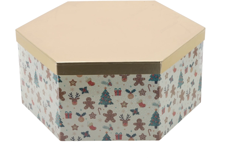 Kerstcadeaudoos in zeshoekige vorm met gouden deksel 42 × 36 × 18 cm