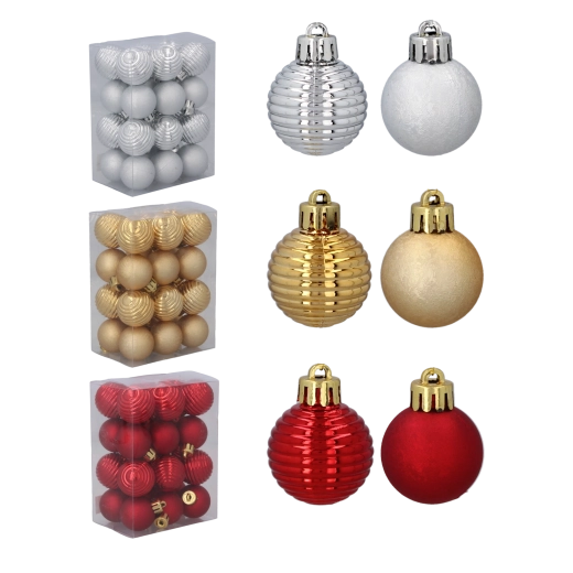 Set van kerstballen 3 cm – rood, goud en zilver (24 stuks)
