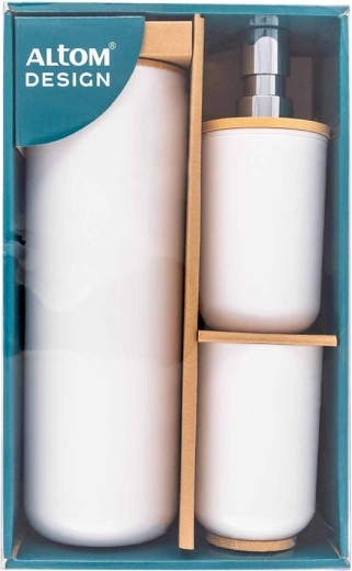 Badkamerset met dispenser, beker en wc-borstel, wit met bamboedecor