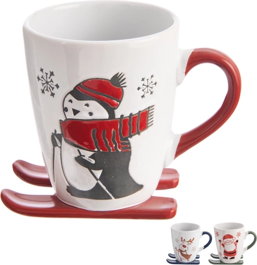 Keramische kerstmok 330 ml met standaard in de vorm van een lepel, mix van motieven