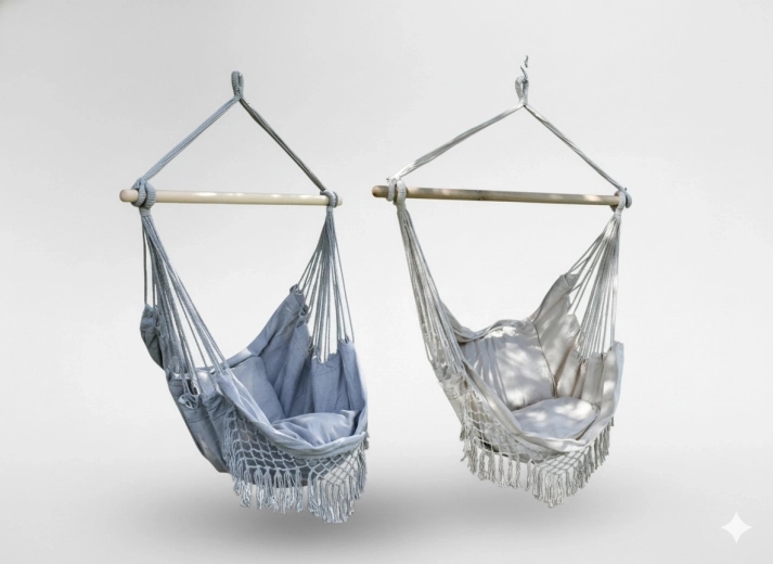 Hangende Braziliaanse boho-stoel met kussens, 130 × 100 cm, beige‑grijs