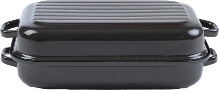 Geëmailleerde tweedelige braadslede 35 × 24 cm met deksel en geribbeld bodem