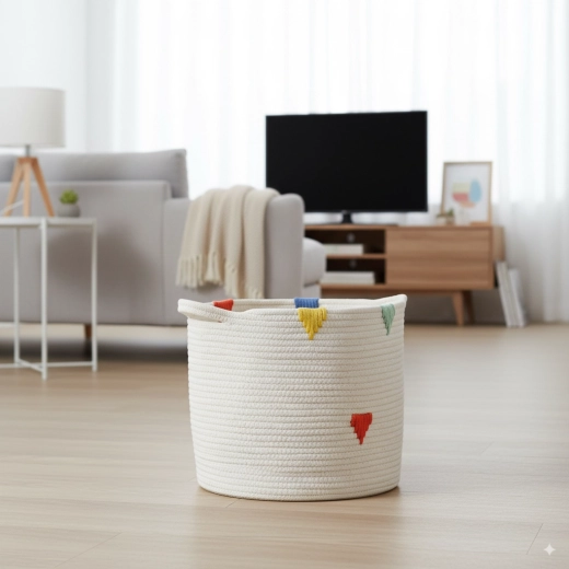 Ronde textielen mand voor was en speelgoed 27 × 24 cm – wit met kleurrijk patroon