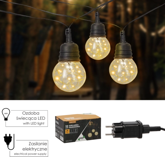 Tuin-girlande 10 m, 10 LED warm wit, IP44 met bevestigingen, 5 V