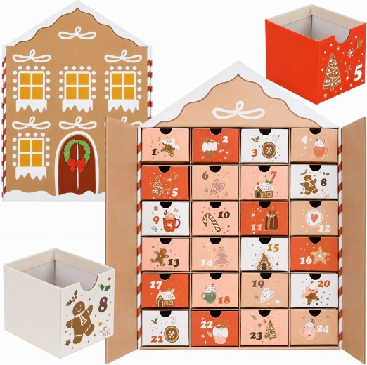 Kerst-adventskalender in de vorm van een huisje met laden