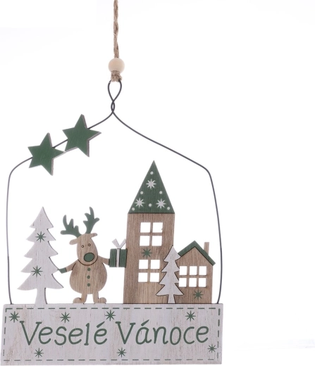 Hangend kerstbord „Vrolijk Kerstfeest” van hout en metaal 25 cm