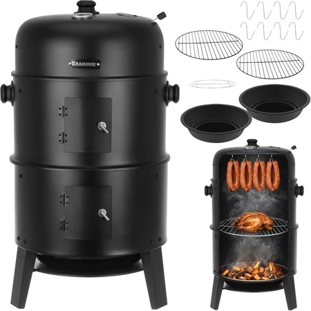 Tuin houtskoolgrill en roker 3-in-1 met deksel en thermometer KAMINER
