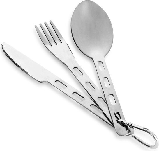 RVS reisbestek met karabijnhaak, 3-delig