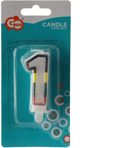 Verjaardagskaars cijfer 1 met brokaat, wit met gekleurde omlijning