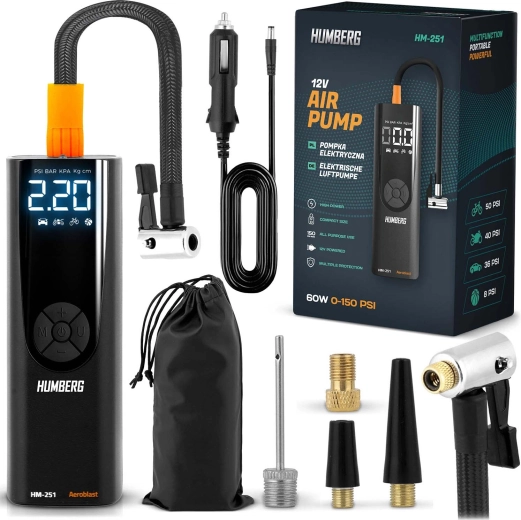 Elektrische mini-compressor HUMBERG HM-251 – draagbare digitale autopomp met LED-licht